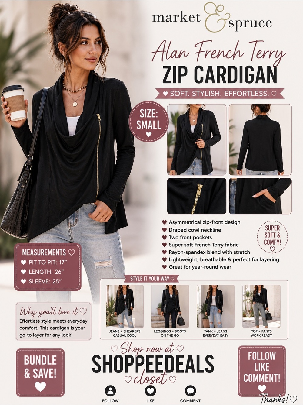 Market & Spruce Alan French Terry Asymmetrical Zip Cardigan – Black – Women’s XS
